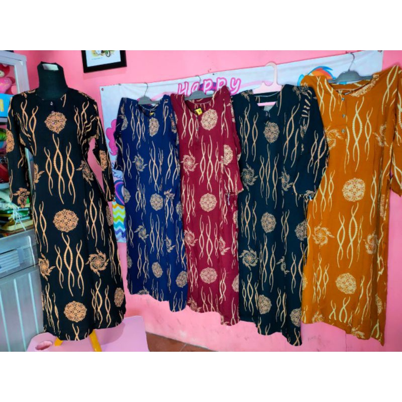 longdress batik / baju daster batik / baju tidur lengan panjang kancing depan motif garis daun kecil