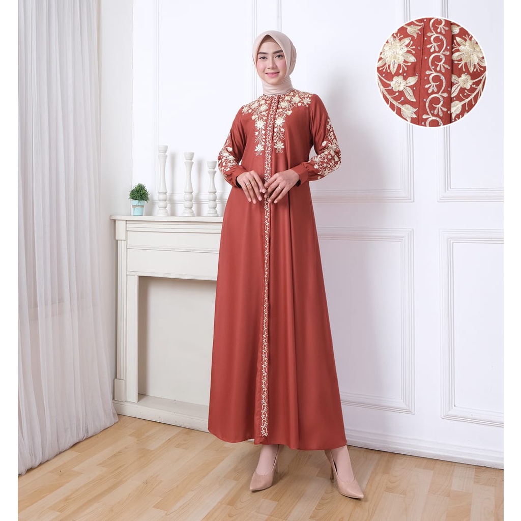 NEW GAMIS MADINA FALIHA DRESS MUSLIM WANITA MATT TOYOBO FODU IMPORT MOTIF BORDIRAN TIMBUL PLUS PAYET