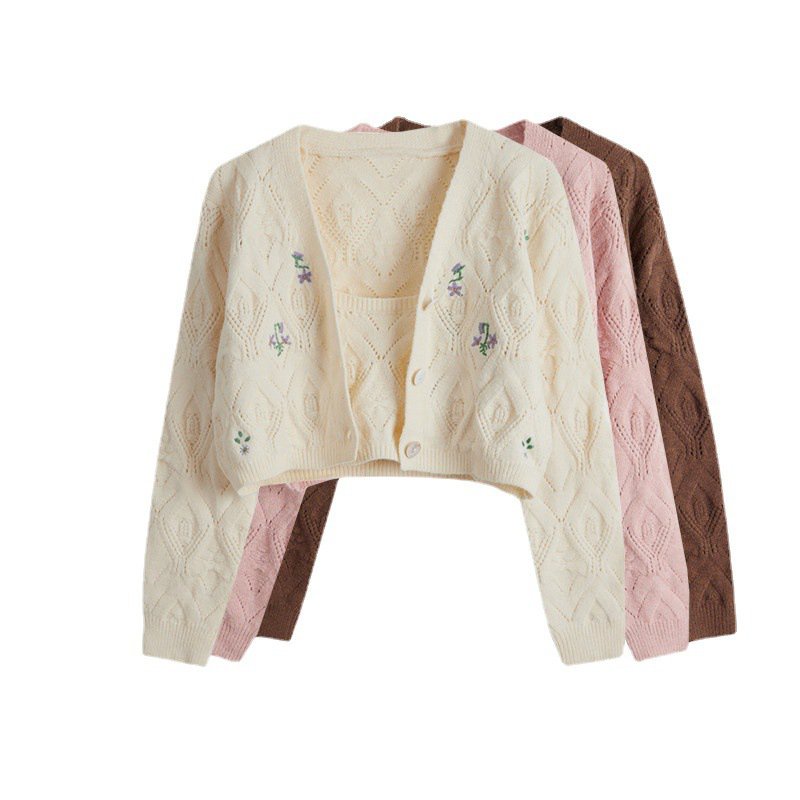 #Sisjuly# Setelan Wanita Baru Bordir Berongga Sweater Rajut Kardigan Selempang Set Dua Potong