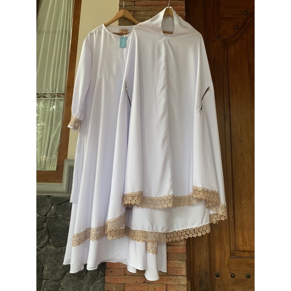 Resilia Set Syari Gamis Jumbo Umroh dan Haji Cadar Khimar Bolong Long jilbab Overhead Renda Import
