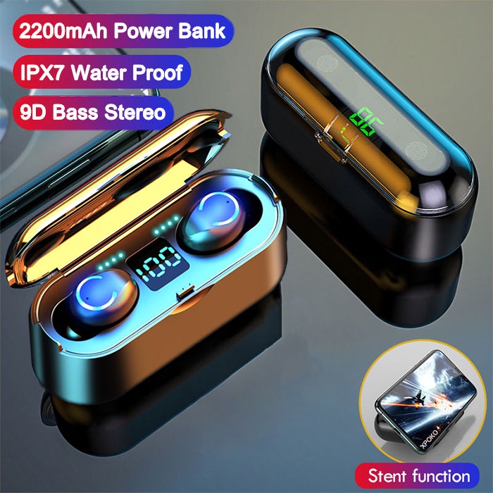 (COD) F9-8 Headset Bluetooth 2200mah Power Bank TWS with Mic 9D Bass Stereo Handset Water Proof Earbud 5.0 Wireless Earphone Henset