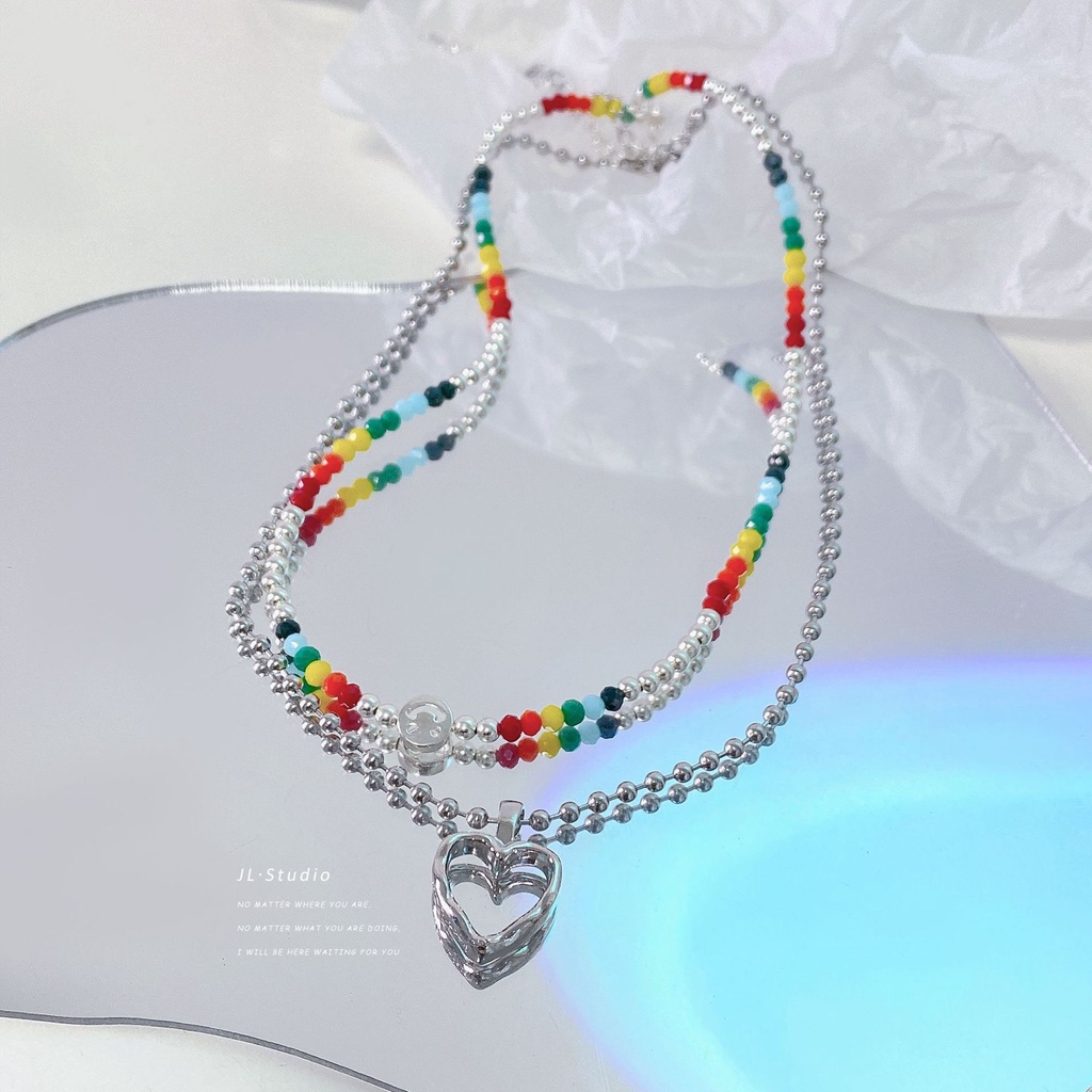 Kalung Choker Rantai Silver Banyak Lapis Dengan Manik-Manik Warna-Warni Untuk Wanita