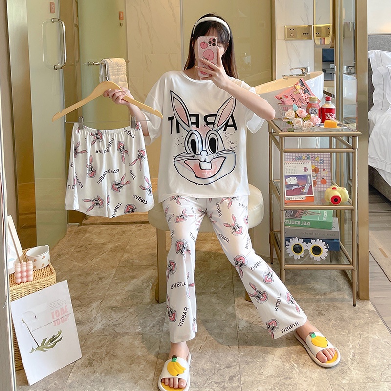 Baru set Baju Tidur Wanita Dewasa Oversize Piyama Bahan Kaos Celana Panjang & Pendek Setelan Baju Tidur 3IN1 Setelan Piyama-Big Rabbit