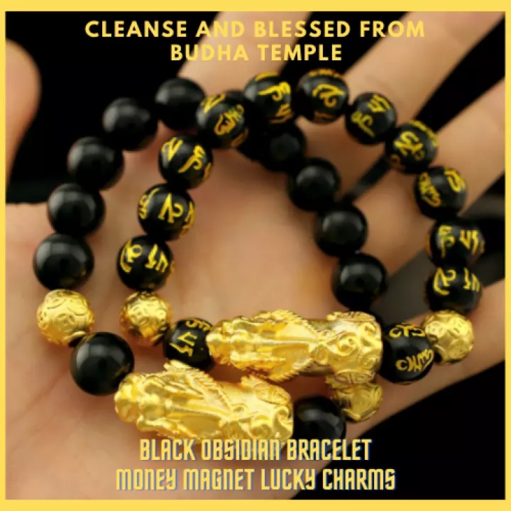 Piyao Gelang Magnet Obsidian Feng Shui Warna Hitam Emas Charm Uang Keberuntungan Charms