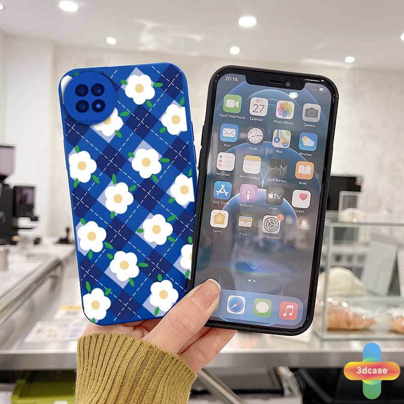 Casing Soft Tpu Case Xiaomi Redmi Note 9 8 10 10S 9 10 PRO MAX 11 9S Xiaomi Redmi POCO C3 C31 X3 NFC X3 PRO Redmi 9 9C NFC 9A 9i 9T 9AT 9 PRO Power 10X POCO M2 PRO 10 Prime Klein Blue Plaid White Flower Anti-fall Case