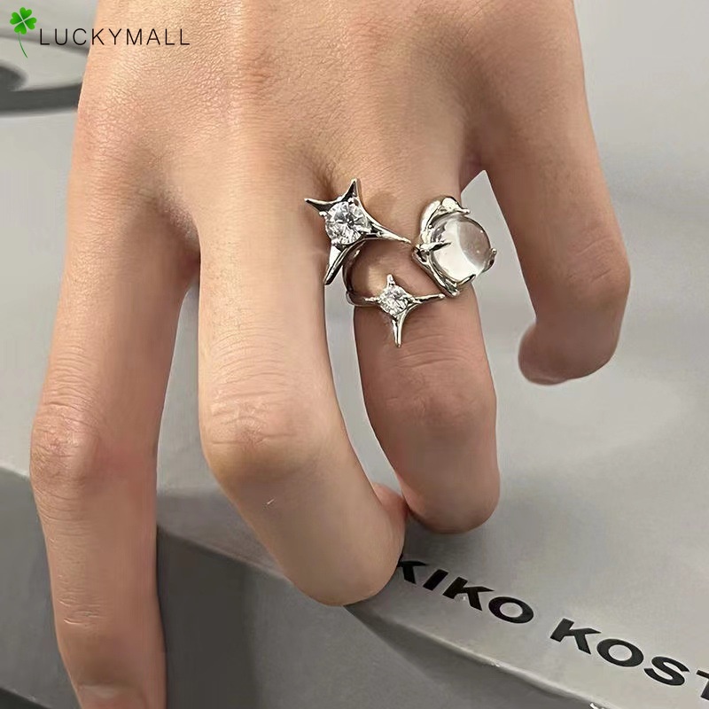 Cincin Silver Hias Kristal Opal Asimetris Untuk Wanita