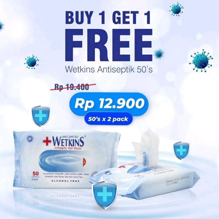 Beli 1 Gratis 1 Tisu Basah Antibacterial Antiseptik isi 50 Lembar Wetkins Antiseptic 50's