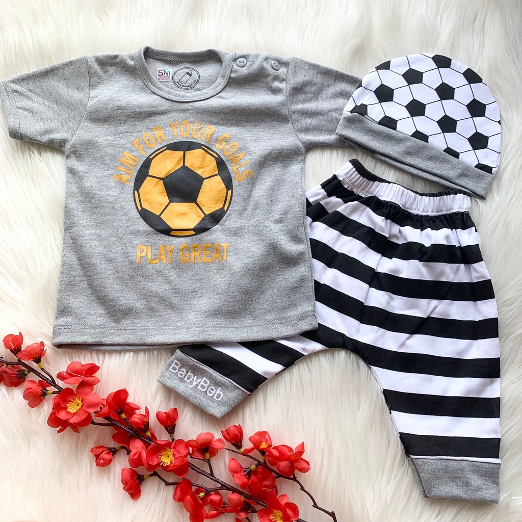 Baju setelan kaos celana topi gambar bola lucu fashion trend anak bayi cowok laki-laki murah -gre