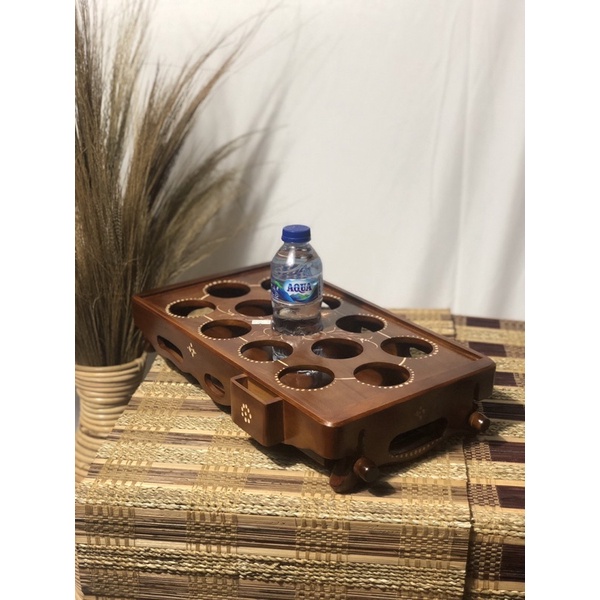 Tempat Minuman / Tempat Aqua Gelas / Nampan Baki Kayu Jati Asli Ukir / Tempat Minuman Kayu Jati Asli