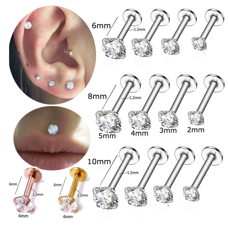 1buah Baja Stianless Labret Lip Stud Rook Helix Tragus Tindik Tulang Rawan 16G Anting Zirkon