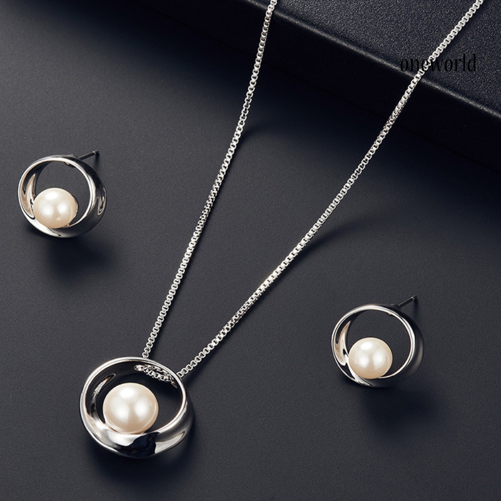 OW@ Women Faux Pearl Round Pendant Necklace Stud Earrings Wedding Party Jewelry Set