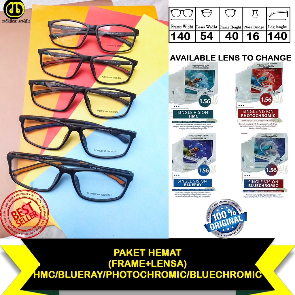 BEST SELLER !! KACAMATA(FRAME+LENSA) SPORTY KOTAK PD 9902 ANTI RADIASI UV/BLUERAY/POTHOCHROMIC/BLUECHROMIC