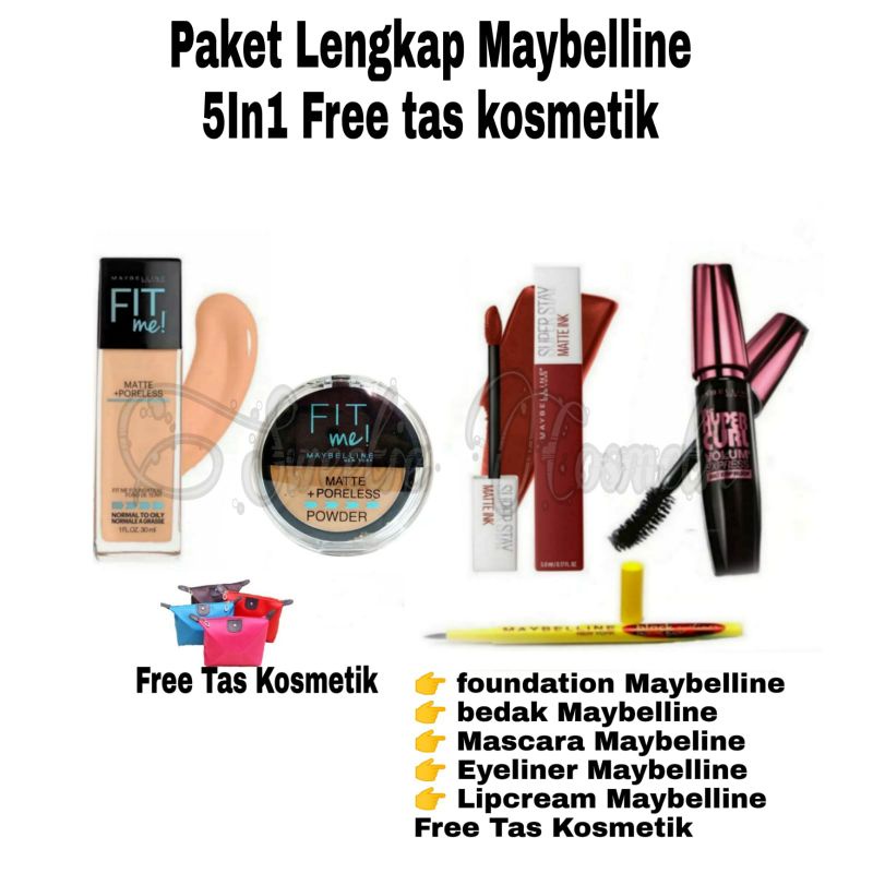 Paket Kosmetik Maybelline Lengkap Murah 5 In 1Free Tas Kosmetik - Paket Makeup Maybelline Lengkap Murah 5 In1