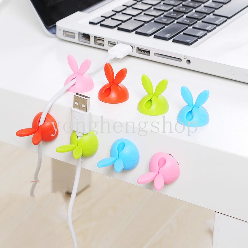 4pcs / set Klip Organizer Kabel Data / Charger / Earphone Bentuk Telinga Kelinci Lucu Untuk Meja Kantor