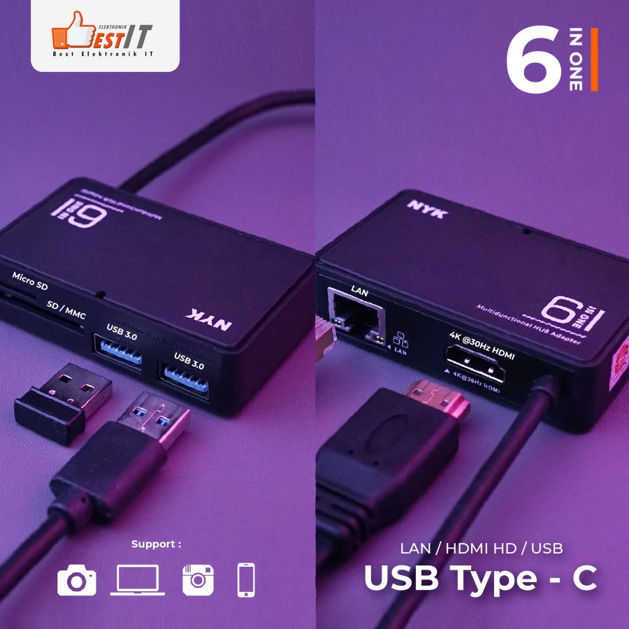 NYK Hub Converter USB Type C HUB 6 in 1 - LAN /4K /USB /Card Read