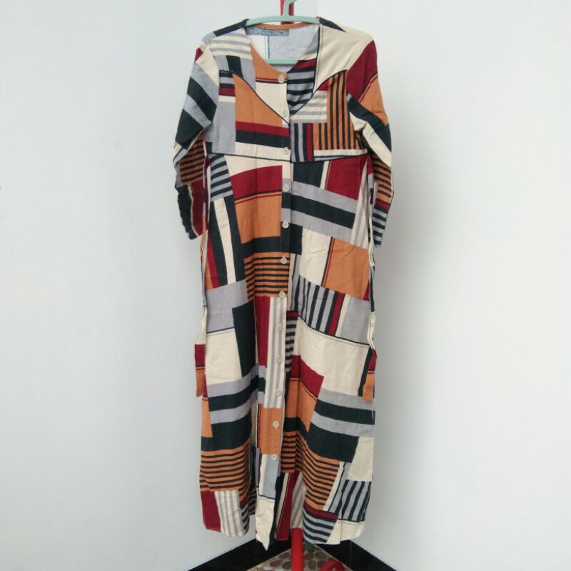 Gamis / Dress / Outer Wanita Motif Abstrak Warna Orange Merah Maroon Bahan Adem