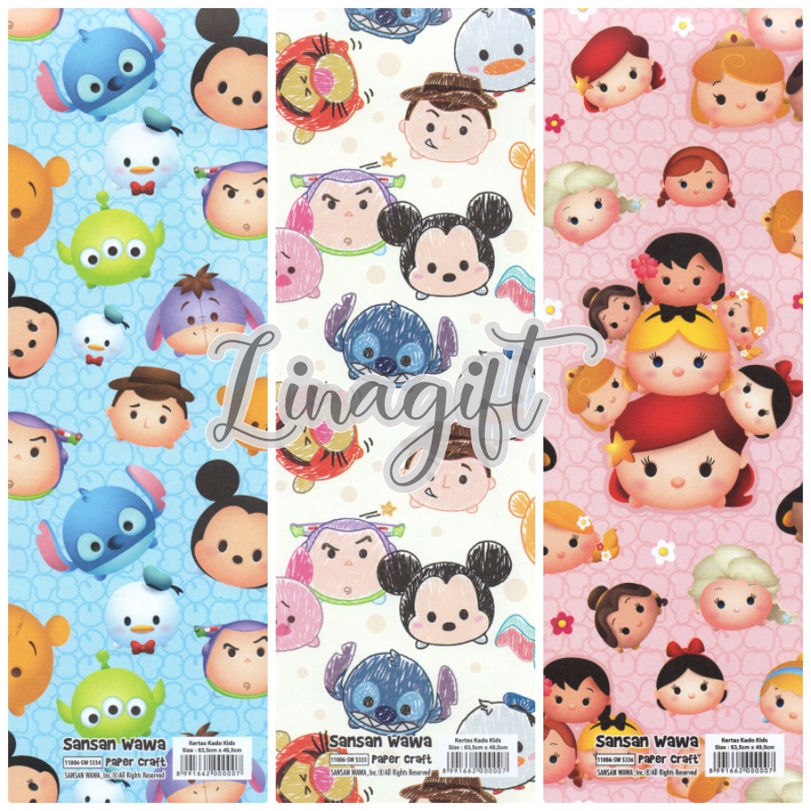 ( 5 Lembar ) TSUM TSUM SANWA - KERTAS KADO - GIFT WRAP PAPER SANSAN WAWA TSUM TSUM PINK / BLUE / CREAM DISNEY MICKEY