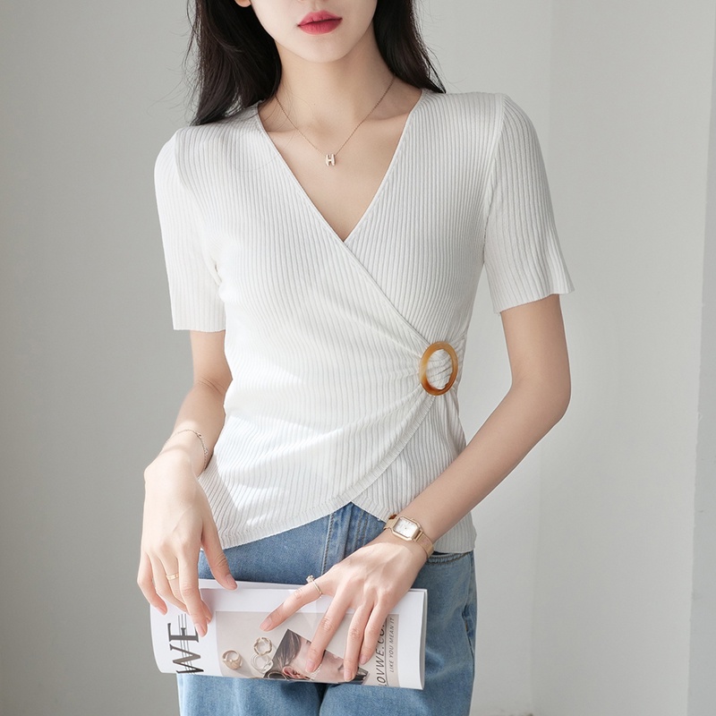 【Elegant】V-neck Irregular Slim Knit T-Shirt 7376