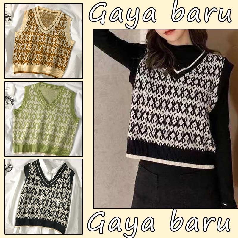 Korea Tanpa lengan longgar v-neck Rompi kisi sweater rajutan rompi