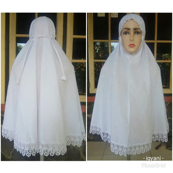 Jilbab ihram kerudung bergo putih katun bordir Umroh dan haji
