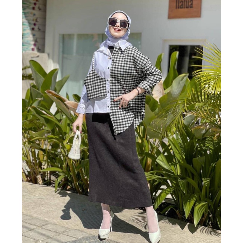 1KG MUAT 5PCS | OMMY CUBI BLOUSE MONOCHROME TARTAN COMBI KOREAN STYLE HITS OOTD SELEBGRAM FASHION