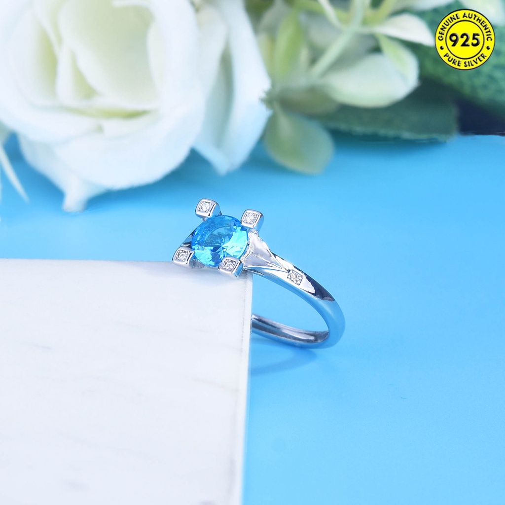 Cincin S925 Silver Model Terbuka Aksen Berlian Biru Laut