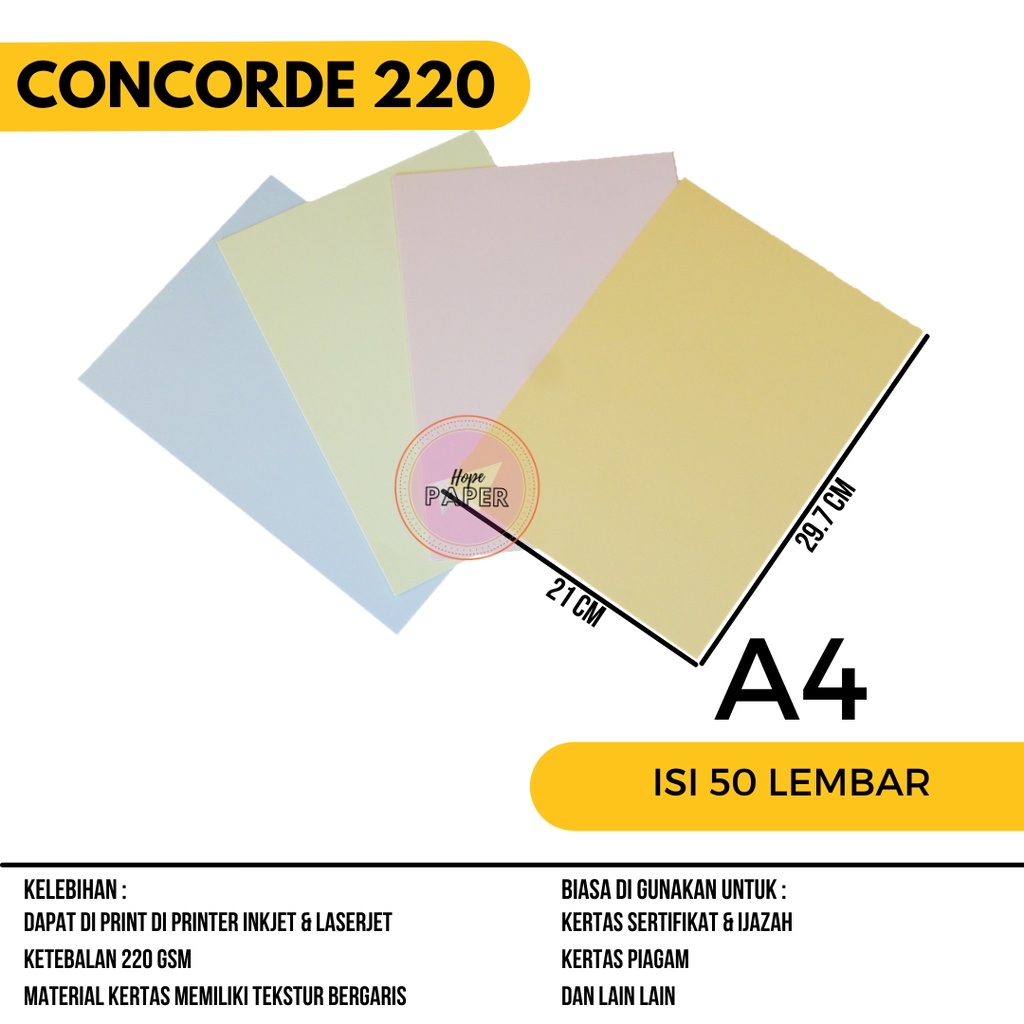 

Kertas Concorde A4 220 gr isi 50 lembar / Concorde A4 220 gram / Kertas Sertifikat Piagam