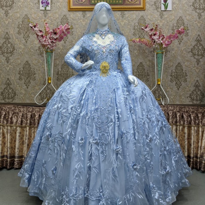 Baju Pengantin Wedding Dress Muslimah Jawa India gaun pengantin terusan - baby blue, All Size