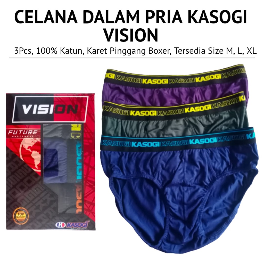 3Pcs CD Pria Kasogi Vision Merah Karet Pinggang Boxer 100% Katun Original Size M L XL