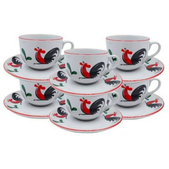 1 Set Isi 6 Pcs Cangkir Keramik Ayam dan Tatakan - Cangkir Ayam Jago - Cangkir Keramik - Cangkir Teh