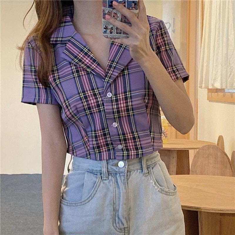 Lilac Plaid Crop Shirt Kemeja Crop Top Casual Atasan Lilac Lengan Pendek Shopee Indonesia