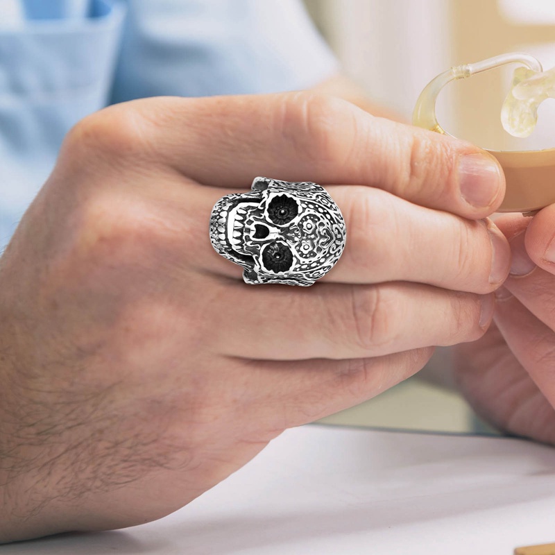 Cincin Desain Tengkorak Gothic Punk Hip Hop Warna Emas Hitam Untuk Pria