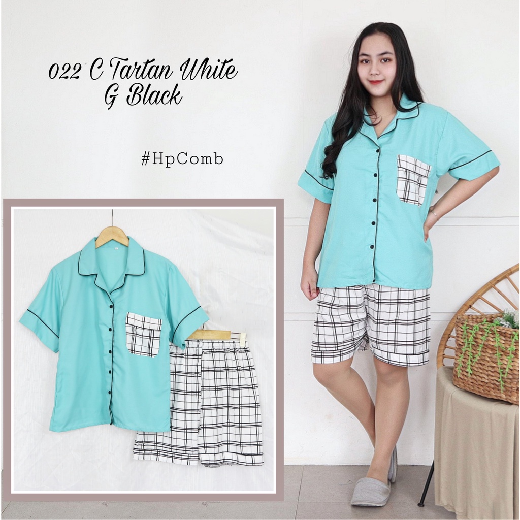 IZANY Piyama Dewasa Hotpant Combina Allsize / HP  Combina Saten Apple LD 100-022 TARTAN WHITE G B