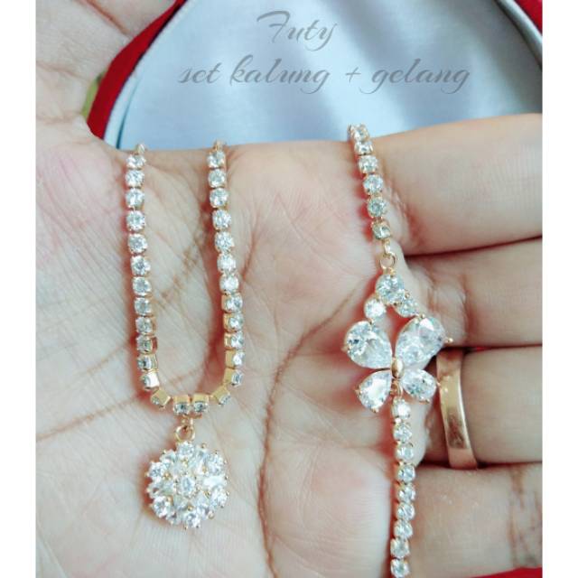 Set kalung + gelang kaca lapis emas 22k