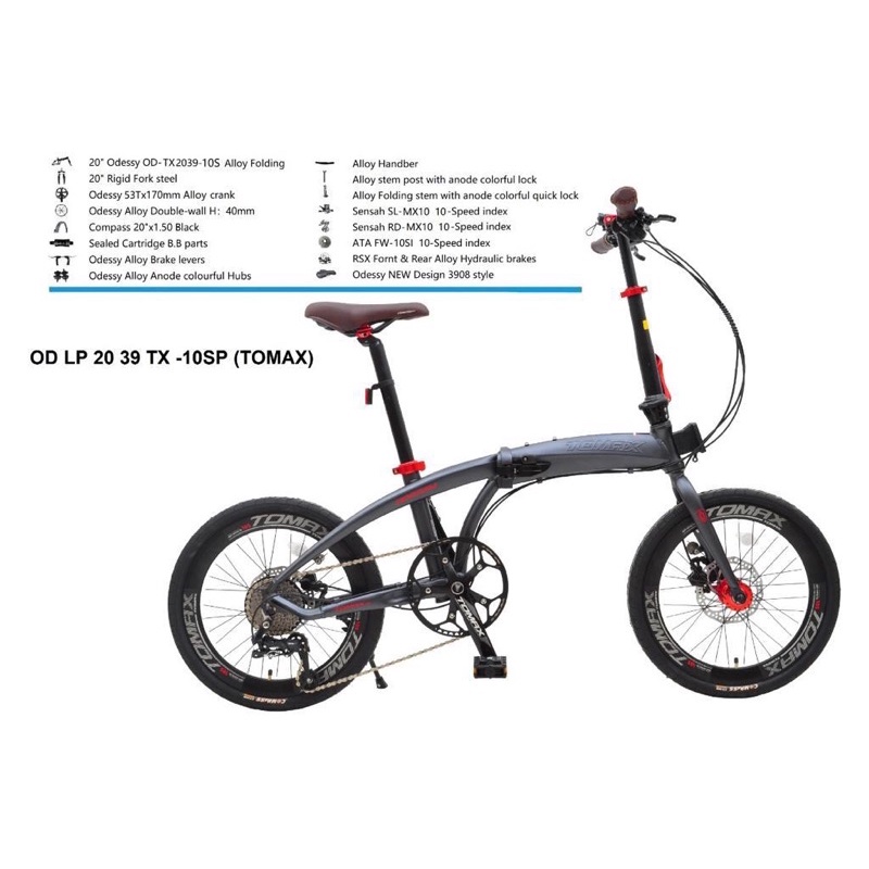 Sepeda Lipat Folding Bike 20 Odessy Tomax 10 Speed Hidrolik Crank Hollow