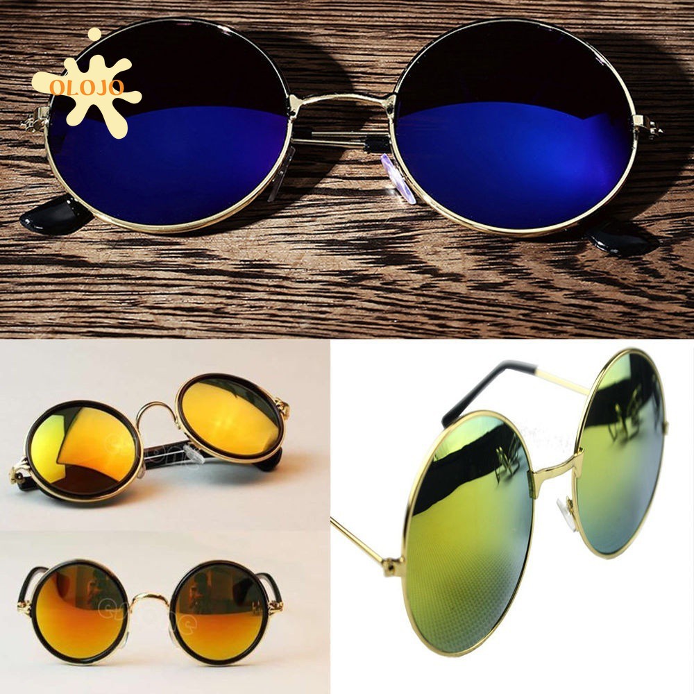 OLOJO [Bayar di Tempat] Kacamata lingkaran klasik Wanita Pria Hitam Retro Lensa Warna Frame Bulat Women Sunglasses