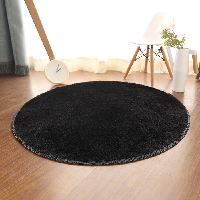 Karpet Bulu Bulat Karpet Minimalis Dekorasi Kamar Tidur Karpet Aesthetic Kamar Warna Hitam Diameter 80cm