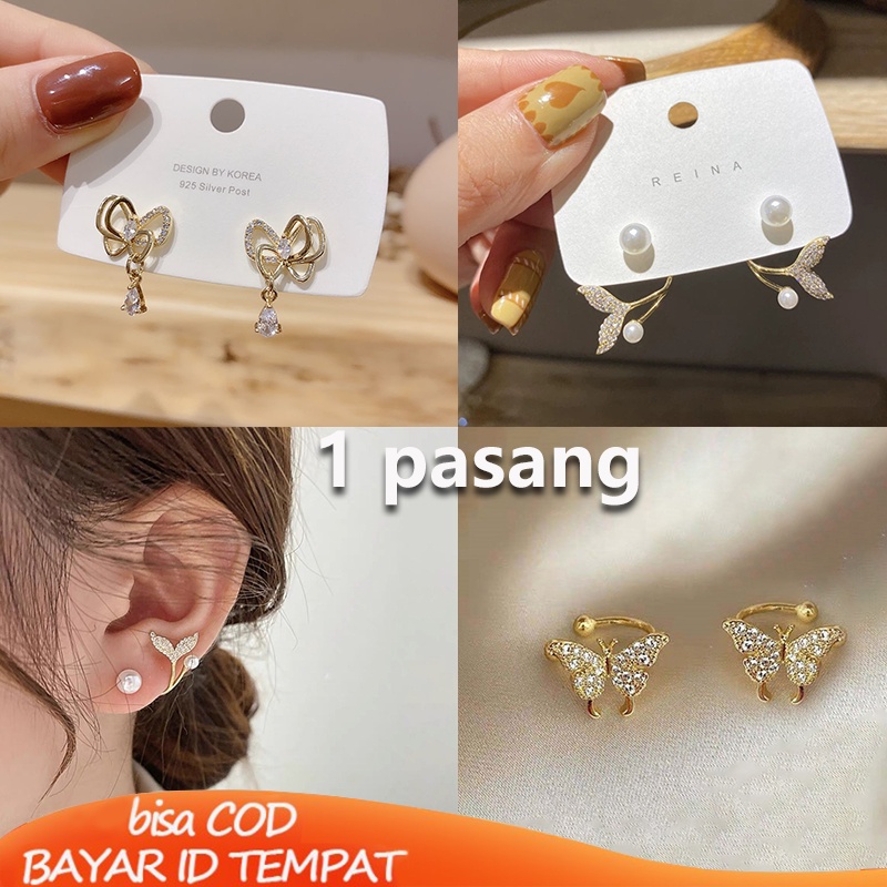 COD✨1 pasang Anting Stud Kristal Busur Korea Kupu-Kupu Tidak Ada Karat Aan Tidak  Fashion Murah Impor Aksesoris 2022 Terbaru Hadiah Ulang