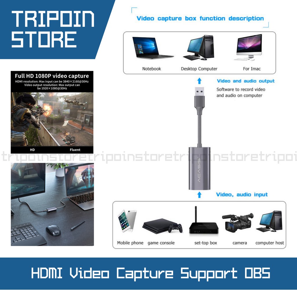 ACASIS HDMI Video Capture Card Dual Interface USB Type C &amp; USB Type A - 1080p 60fps USB 3.0 2.0 Game Live Streaming - Chip MS2130 MS2109