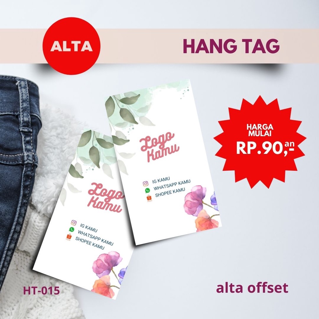 

Hang Tag Baju | Label Baju | Label Produk | Label Merk | Hampers | Bingkisan Kode : HT015 ( Min. Order 130 pcs ukuran 3,5 x 6 cm )