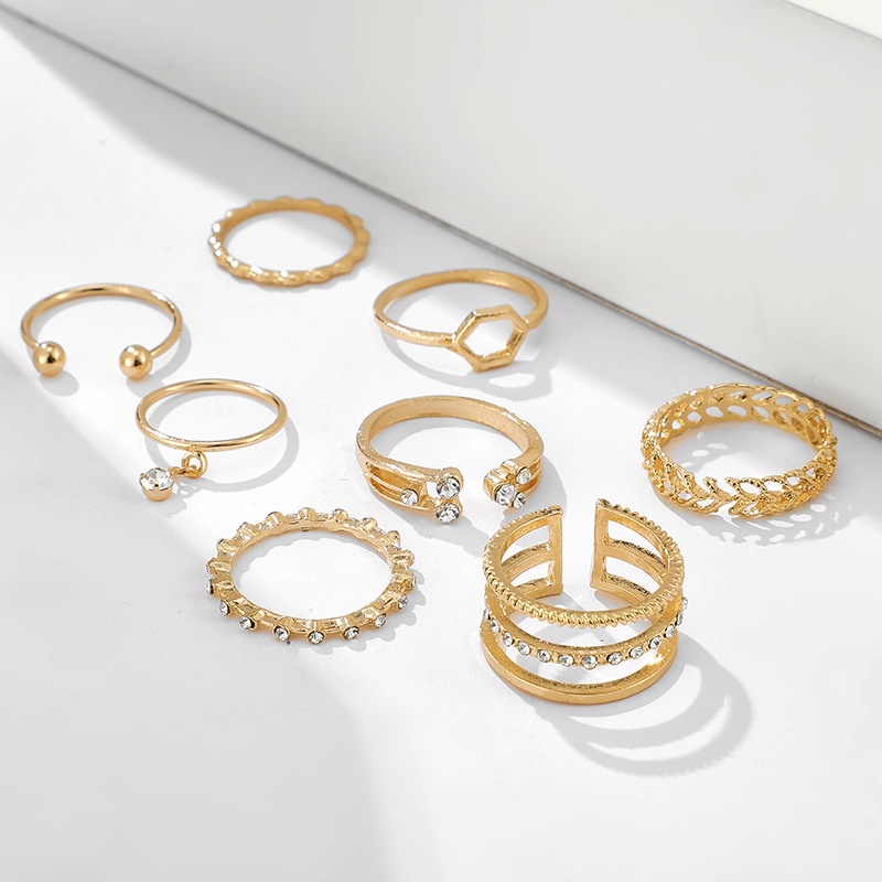 [ACKER] 8Pcs Mode Pribadi Berlian Geometric Gold Rings Joint Tail Set Cincin Untuk Wanita