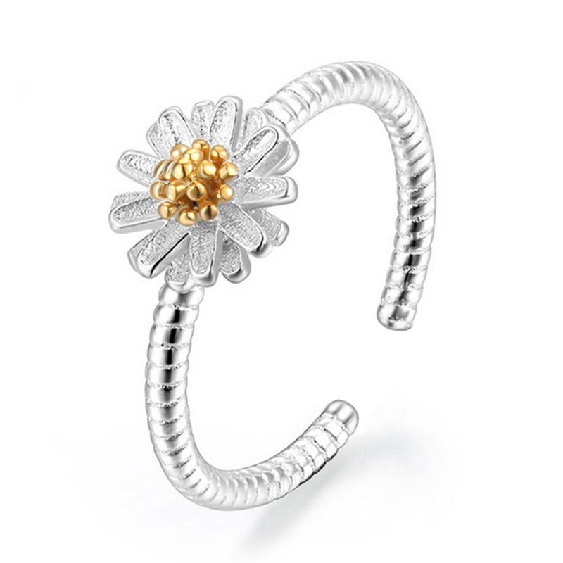 Cincin Pembukaan Perak Women Daisy Silver Opening Ring Trendy Flower Adjustable Finger Rings Jewelry Accessories