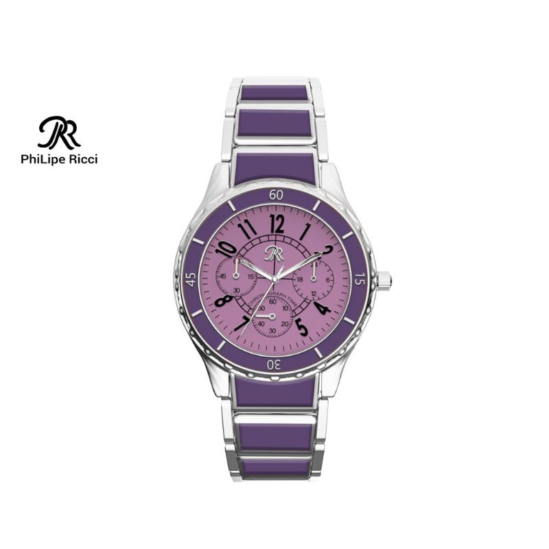 Jam tangan wanita Philipe Ricci besi analog original warna silver ungu besar