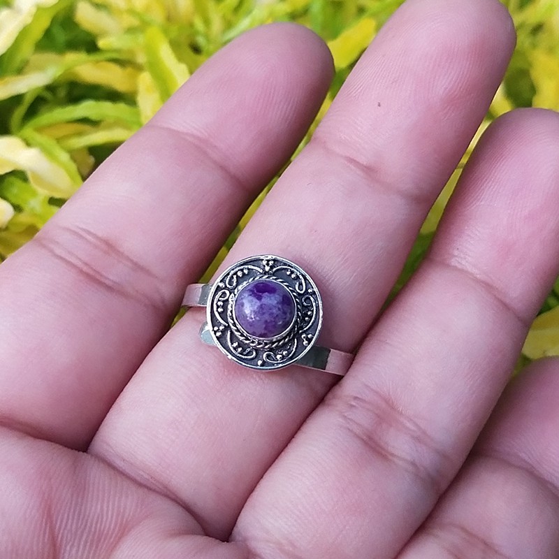 Cincin Ring Perak Silver Bali Asli 925 Ukir Bunbun Permata Batu Akik Ungu Wanita Pria Keren Elegan