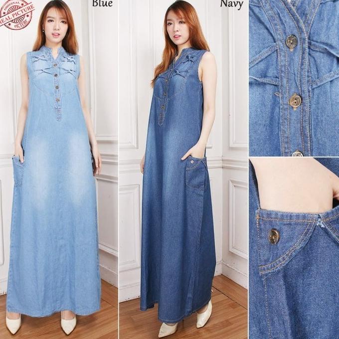 Dress Maxi Vella Gamis Panjang Tanpa Lengan Jeans Longdress Wanita