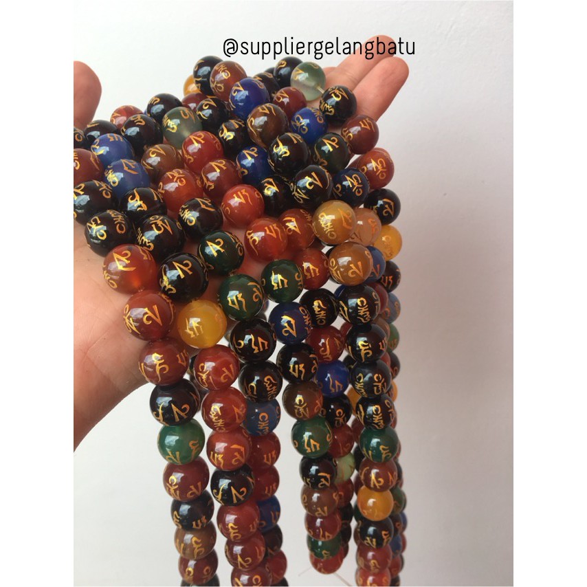 14mm multicolour omni padme hum tibet renceng batu alam onyx asli kilap bacan akik pancawarna asli