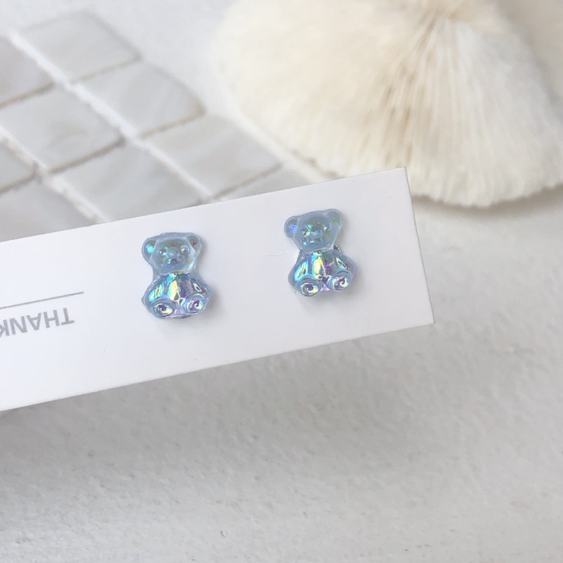 Anting stud S925 Bentuk Beruang Mini Warna-Warni Permen Biru Putih Pink Ungu Oranye