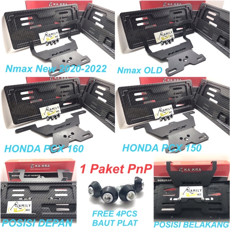 Bracket Breket Dudukan Kumis Plat Nomor 3mm + Cover Casing Plat Astra Karbon Depan Belakang Free Baut Plat Nomor 4pcs Motor Nmax New 2020-2022 / Nmax OLD Tahun 2019 Ke Bawah / Pcx 150 / Pcx 160