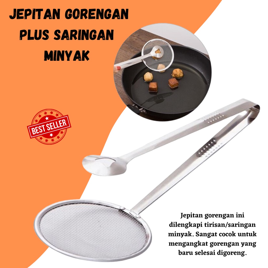 TERLARIS!! Saringan Jepit 2in1 Stainless / Serbaguna Jepitan Gorengan Plus Saringan Minyak