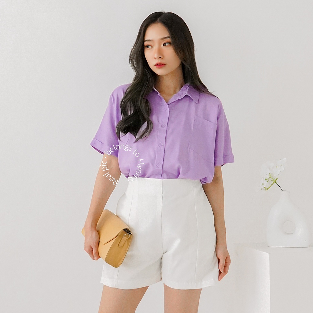 HYERIES Soomin Shirt / Kemeja Casual Wanita / Kemeja Polos Lengan Pendek / Basic Shirt / Collar short sleeves shirt / Atasan casual wanita / Kemeja kantor / Kemeja oversize / Kemeja jumbo / Kemeja kerja / Atasan korea / Kemeja Korea / Kemeja hitam